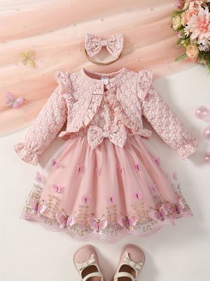 3pcs 3-Piece Butterfly Embroidery Dress Set for Baby Girls: Spring/Autumn, Ruffled Sleeves, Headband