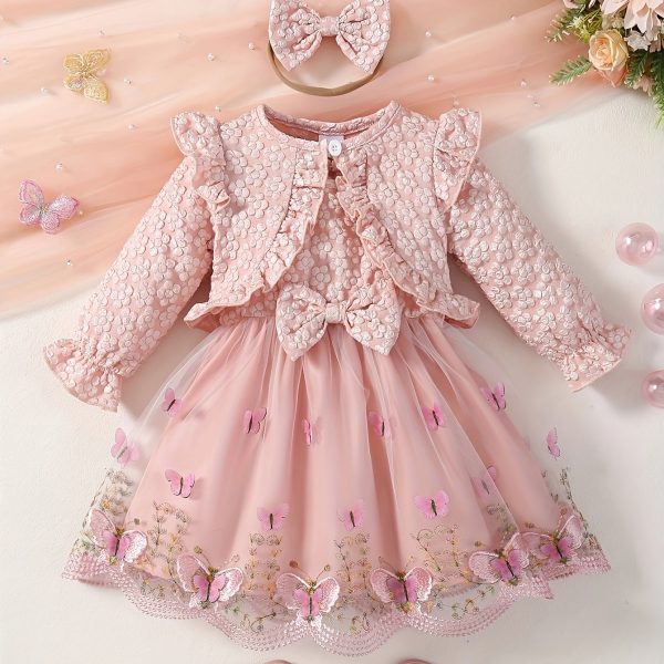 3pcs 3-Piece Butterfly Embroidery Dress Set for Baby Girls: Spring/Autumn, Ruffled Sleeves, Headband