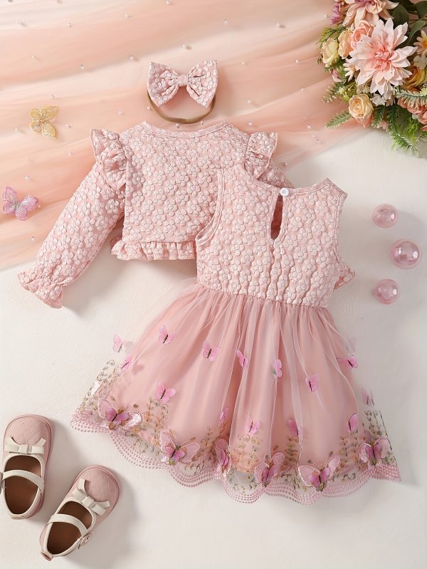 3pcs 3-Piece Butterfly Embroidery Dress Set for Baby Girls: Spring/Autumn, Ruffled Sleeves, Headband