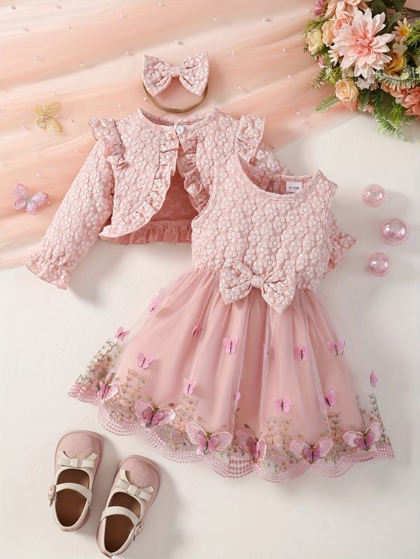 3pcs 3-Piece Butterfly Embroidery Dress Set for Baby Girls: Spring/Autumn, Ruffled Sleeves, Headband